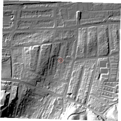 Shaded relief map of the ground around SE20EY, computed from Environment Agency LiDAR. The ground here sits at about 7 m above sea level and falls 59 m across the surrounding 800 m. Surface water reaching this point runs off ground lying to the south-south-east, 42.5 m higher.