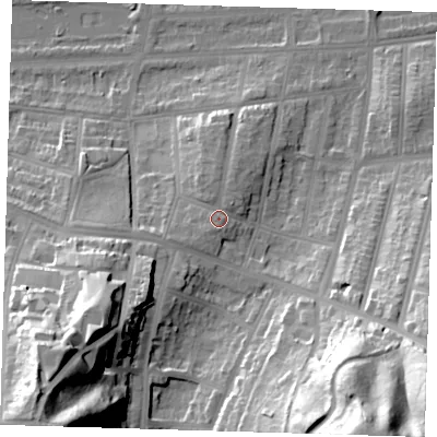 Shaded relief map of the ground around SE20EZ, computed from Environment Agency LiDAR. The ground here sits at about 13 m above sea level and falls 58 m across the surrounding 800 m. Surface water reaching this point runs off ground lying to the north-north-west, 1.2 m higher.
