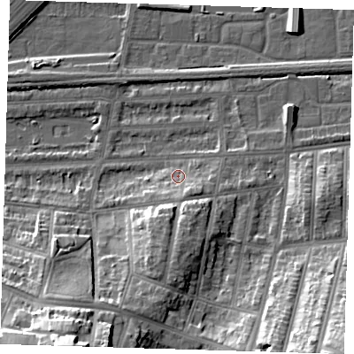 Shaded relief map of the ground around SE20HB, computed from Environment Agency LiDAR. The ground here sits at about 4 m above sea level and falls 30 m across the surrounding 800 m. Surface water reaching this point runs off ground lying to the south, 4.1 m higher.