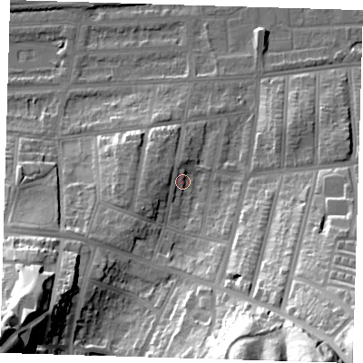 Shaded relief map of the ground around SE20HE, computed from Environment Agency LiDAR. The ground here sits at about 9 m above sea level and falls 52 m across the surrounding 800 m. Surface water reaching this point runs off ground lying to the west, 3.1 m higher.
