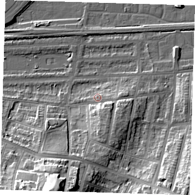 Shaded relief map of the ground around SE20JE, computed from Environment Agency LiDAR. The ground here sits at about 5 m above sea level and falls 39 m across the surrounding 800 m. Surface water reaching this point runs off ground lying to the south, 7.8 m higher.
