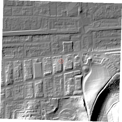 Shaded relief map of the ground around SE20LP, computed from Environment Agency LiDAR. The ground here sits at about 6 m above sea level and falls 49 m across the surrounding 800 m. Surface water reaching this point runs off ground lying to the south-east, 6.8 m higher.