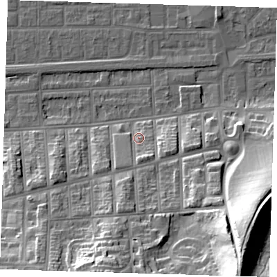 Shaded relief map of the ground around SE20LX, computed from Environment Agency LiDAR. The ground here sits at about 6 m above sea level and falls 42 m across the surrounding 800 m. Surface water reaching this point runs off ground lying to the south-south-west, 26.2 m higher.