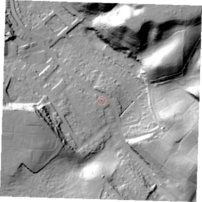 Shaded relief map of the ground around SE20NZ, computed from Environment Agency LiDAR. The ground here sits at about 27 m above sea level and falls 48 m across the surrounding 800 m. Surface water reaching this point runs off ground lying to the south-west, 1.3 m higher.