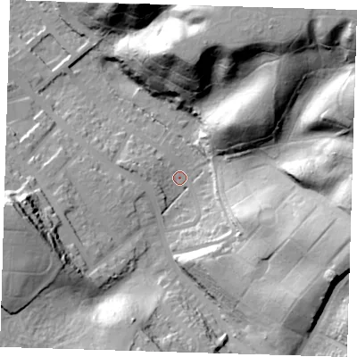 Shaded relief map of the ground around SE20PA, computed from Environment Agency LiDAR. The ground here sits at about 23 m above sea level and falls 49 m across the surrounding 800 m. Surface water reaching this point runs off ground lying to the south-east, 29.7 m higher.
