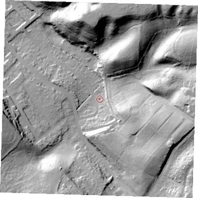 Shaded relief map of the ground around SE20PB, computed from Environment Agency LiDAR. The ground here sits at about 24 m above sea level and falls 50 m across the surrounding 800 m. Surface water reaching this point runs off ground lying to the east-south-east, 34.5 m higher.
