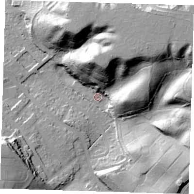 Shaded relief map of the ground around SE20PD, computed from Environment Agency LiDAR. The ground here sits at about 20 m above sea level and falls 50 m across the surrounding 800 m. Surface water reaching this point runs off ground lying to the north-east, 45.1 m higher.