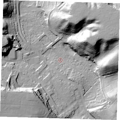 Shaded relief map of the ground around SE20PF, computed from Environment Agency LiDAR. The ground here sits at about 20 m above sea level and falls 50 m across the surrounding 800 m. Surface water reaching this point runs off ground lying to the east-north-east, 47.7 m higher.