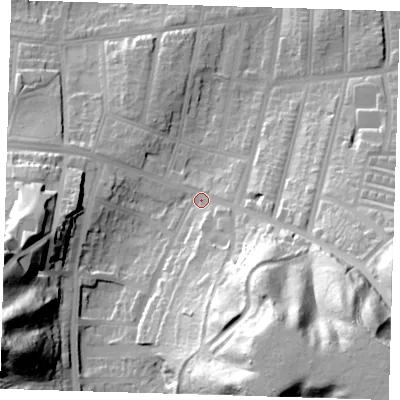 Shaded relief map of the ground around SE20RA, computed from Environment Agency LiDAR. The ground here sits at about 13 m above sea level and falls 62 m across the surrounding 800 m. Surface water reaching this point runs off ground lying to the south-east, 50.7 m higher.