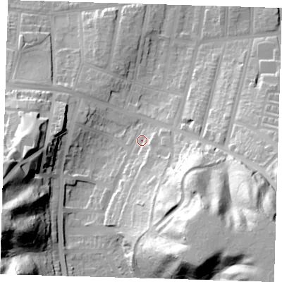 Shaded relief map of the ground around SE20RD, computed from Environment Agency LiDAR. The ground here sits at about 13 m above sea level and falls 60 m across the surrounding 800 m. Surface water reaching this point runs off ground lying to the south-east, 47.9 m higher.