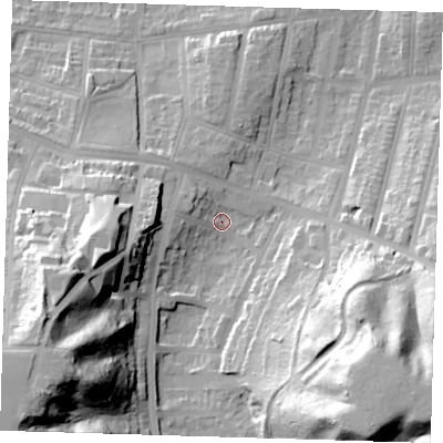 Shaded relief map of the ground around SE20RE, computed from Environment Agency LiDAR. The ground here sits at about 12 m above sea level and falls 59 m across the surrounding 800 m. Surface water reaching this point runs off ground lying to the south-east, 49.6 m higher.