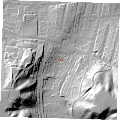 Shaded relief map of the ground around SE20RF, computed from Environment Agency LiDAR. The ground here sits at about 12 m above sea level and falls 58 m across the surrounding 800 m. Surface water reaching this point runs off ground lying to the south-east, 49.3 m higher.