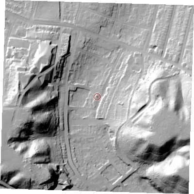Shaded relief map of the ground around SE20RG, computed from Environment Agency LiDAR. The ground here sits at about 16 m above sea level and falls 54 m across the surrounding 800 m. Surface water reaching this point runs off ground lying to the east-south-east, 23.0 m higher.
