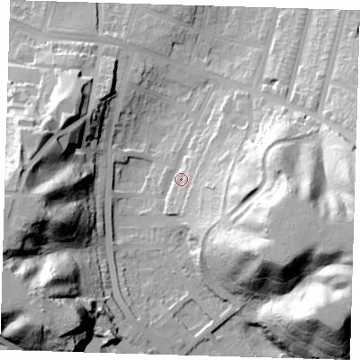 Shaded relief map of the ground around SE20RH, computed from Environment Agency LiDAR. The ground here sits at about 19 m above sea level and falls 55 m across the surrounding 800 m. Surface water reaching this point runs off ground lying to the east-south-east, 23.0 m higher.