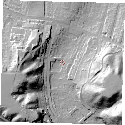 Shaded relief map of the ground around SE20RJ, computed from Environment Agency LiDAR. The ground here sits at about 13 m above sea level and falls 54 m across the surrounding 800 m. Surface water reaching this point runs off ground lying to the east-south-east, 47.9 m higher.