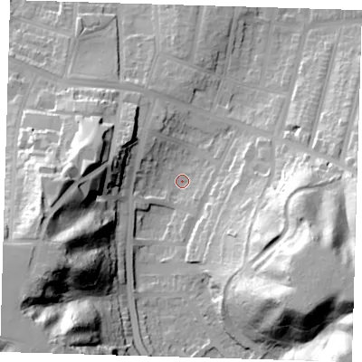 Shaded relief map of the ground around SE20RW, computed from Environment Agency LiDAR. The ground here sits at about 12 m above sea level and falls 56 m across the surrounding 800 m. Surface water reaching this point runs off ground lying to the south-east, 49.3 m higher.