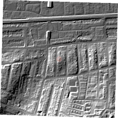 Shaded relief map of the ground around SE20UL, computed from Environment Agency LiDAR. The ground here sits at about 9 m above sea level and falls 32 m across the surrounding 800 m. Surface water reaching this point runs off ground lying to the south, 3.2 m higher.