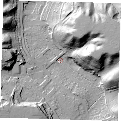 Shaded relief map of the ground around SE20XT, computed from Environment Agency LiDAR. The ground here sits at about 18 m above sea level and falls 51 m across the surrounding 800 m. Surface water reaching this point runs off ground lying to the east-north-east, 47.6 m higher.