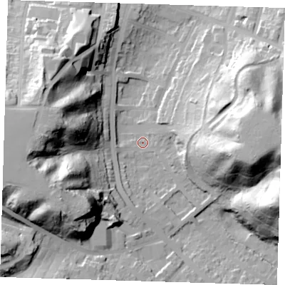 Shaded relief map of the ground around SE20XZ, computed from Environment Agency LiDAR. The ground here sits at about 16 m above sea level and falls 50 m across the surrounding 800 m. Surface water reaching this point runs off ground lying to the east-south-east, 45.7 m higher.