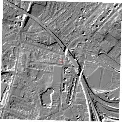 Shaded relief map of the ground around SE255EG, computed from Environment Agency LiDAR. The ground here sits at about 48 m above sea level and falls 11 m across the surrounding 800 m. Surface water reaching this point runs off ground lying to the east-north-east, 5.0 m higher.