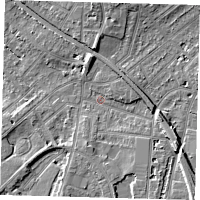 Shaded relief map of the ground around SE255EH, computed from Environment Agency LiDAR. The ground here sits at about 47 m above sea level and falls 10 m across the surrounding 800 m. Surface water reaching this point runs off ground lying to the east-south-east, 8.0 m higher.