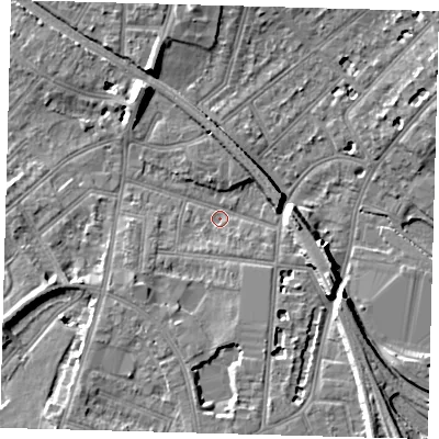 Shaded relief map of the ground around SE255EQ, computed from Environment Agency LiDAR. The ground here sits at about 47 m above sea level and falls 10 m across the surrounding 800 m. Surface water reaching this point runs off ground lying to the south-east, 7.8 m higher.