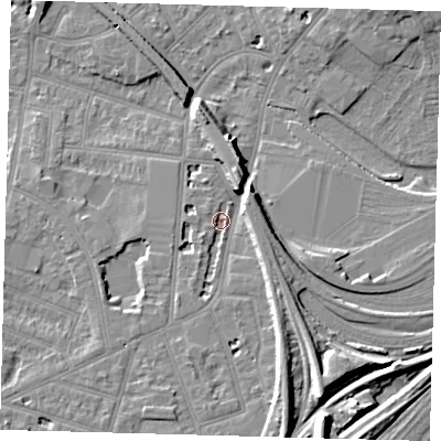 Shaded relief map of the ground around SE255QB, computed from Environment Agency LiDAR. The ground here sits at about 49 m above sea level and falls 12 m across the surrounding 800 m. Surface water reaching this point runs off ground lying to the south-south-west, 3.2 m higher.