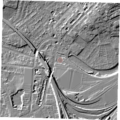 Shaded relief map of the ground around SE256AW, computed from Environment Agency LiDAR. The ground here sits at about 48 m above sea level and falls 13 m across the surrounding 800 m. Surface water reaching this point runs off ground lying to the east-south-east, 2.9 m higher.