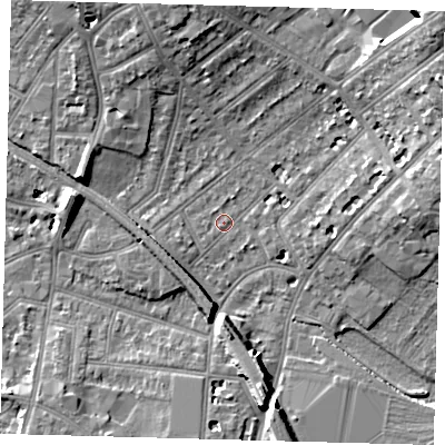 Shaded relief map of the ground around SE256JD, computed from Environment Agency LiDAR. The ground here sits at about 48 m above sea level and falls 20 m across the surrounding 800 m. Surface water reaching this point runs off ground lying to the north-east, 15.6 m higher.