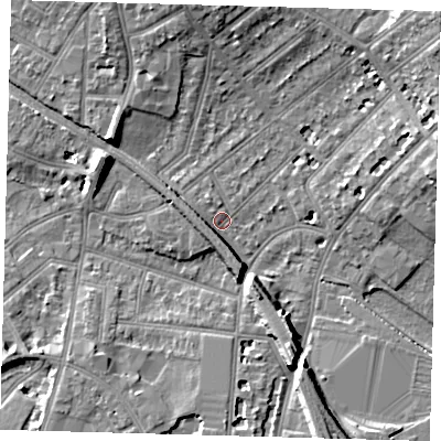 Shaded relief map of the ground around SE256JQ, computed from Environment Agency LiDAR. The ground here sits at about 48 m above sea level and falls 14 m across the surrounding 800 m. Surface water reaching this point runs off ground lying to the south-south-east, 4.0 m higher.
