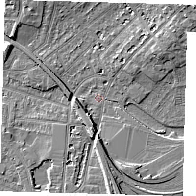 Shaded relief map of the ground around SE256LH, computed from Environment Agency LiDAR. The ground here sits at about 48 m above sea level and falls 15 m across the surrounding 800 m. Surface water reaching this point runs off ground lying to the north-east, 13.9 m higher.