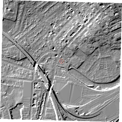 Shaded relief map of the ground around SE256LL, computed from Environment Agency LiDAR. The ground here sits at about 48 m above sea level and falls 15 m across the surrounding 800 m. Surface water reaching this point runs off ground lying to the north-east, 13.8 m higher.
