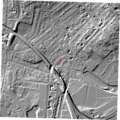 Shaded relief map of the ground around SE256NS, computed from Environment Agency LiDAR. The ground here sits at about 47 m above sea level and falls 17 m across the surrounding 800 m. Surface water reaching this point runs off ground lying to the north-east, 15.4 m higher.