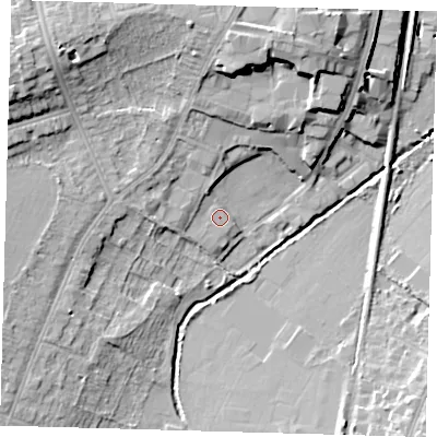 Shaded relief map of the ground around SE265AN, computed from Environment Agency LiDAR. The ground here sits at about 26 m above sea level and falls 15 m across the surrounding 800 m. Surface water reaching this point runs off ground lying to the west-north-west, 14.5 m higher.