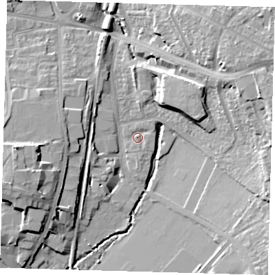 Shaded relief map of the ground around SE265BF, computed from Environment Agency LiDAR. The ground here sits at about 25 m above sea level and falls 20 m across the surrounding 800 m. Surface water reaching this point runs off ground lying to the south, 1.3 m higher.