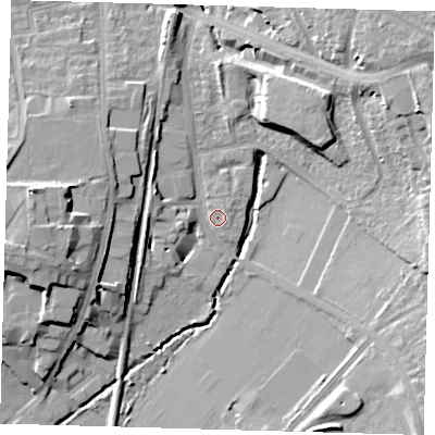 Shaded relief map of the ground around SE265BG, computed from Environment Agency LiDAR. The ground here sits at about 25 m above sea level and falls 20 m across the surrounding 800 m. Surface water reaching this point runs off ground lying to the west, 15.5 m higher.
