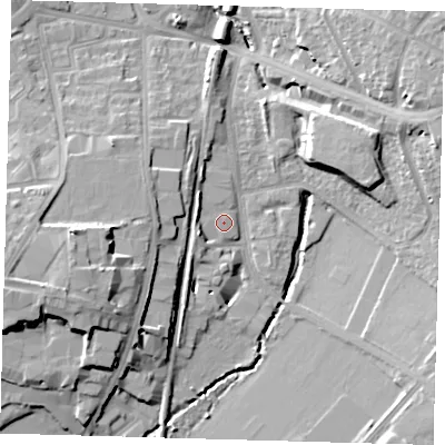 Shaded relief map of the ground around SE265BN, computed from Environment Agency LiDAR. The ground here sits at about 25 m above sea level and falls 19 m across the surrounding 800 m. Surface water reaching this point runs off ground lying to the west-south-west, 12.4 m higher.
