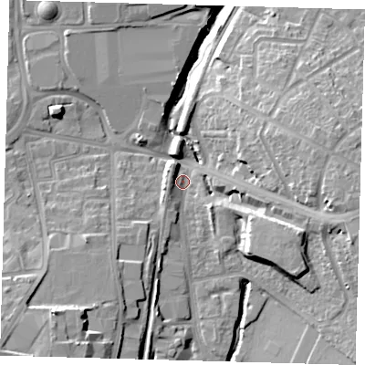 Shaded relief map of the ground around SE265BP, computed from Environment Agency LiDAR. The ground here sits at about 23 m above sea level and falls 19 m across the surrounding 800 m. Surface water reaching this point runs off ground lying to the south-south-west, 6.3 m higher.
