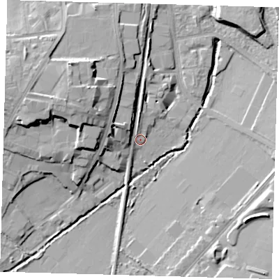 Shaded relief map of the ground around SE265BQ, computed from Environment Agency LiDAR. The ground here sits at about 25 m above sea level and falls 16 m across the surrounding 800 m. Surface water reaching this point runs off ground lying to the north-north-west, 10.2 m higher.
