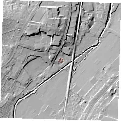 Shaded relief map of the ground around SE265BW, computed from Environment Agency LiDAR. The ground here sits at about 25 m above sea level and falls 16 m across the surrounding 800 m. Surface water reaching this point runs off ground lying to the north-north-west, 11.4 m higher.
