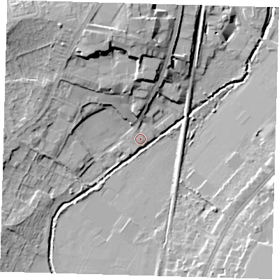 Shaded relief map of the ground around SE265DA, computed from Environment Agency LiDAR. The ground here sits at about 25 m above sea level and falls 16 m across the surrounding 800 m. Surface water reaching this point runs off ground lying to the north, 13.4 m higher.