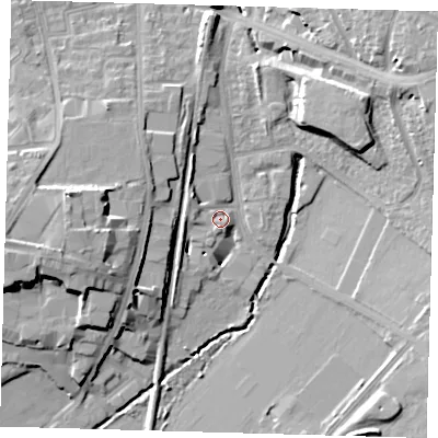 Shaded relief map of the ground around SE265FD, computed from Environment Agency LiDAR. The ground here sits at about 25 m above sea level and falls 19 m across the surrounding 800 m. Surface water reaching this point runs off ground lying to the west-north-west, 3.5 m higher.