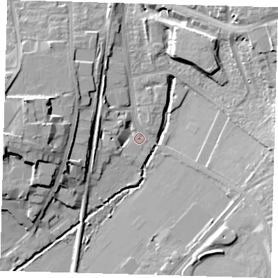 Shaded relief map of the ground around SE265FJ, computed from Environment Agency LiDAR. The ground here sits at about 24 m above sea level and falls 20 m across the surrounding 800 m. Surface water reaching this point runs off ground lying to the west, 11.0 m higher.