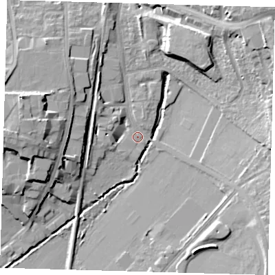 Shaded relief map of the ground around SE265FL, computed from Environment Agency LiDAR. The ground here sits at about 24 m above sea level and falls 20 m across the surrounding 800 m. Surface water reaching this point runs off ground lying to the north-east, 19.0 m higher.