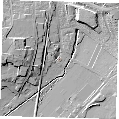 Shaded relief map of the ground around SE265FP, computed from Environment Agency LiDAR. The ground here sits at about 24 m above sea level and falls 18 m across the surrounding 800 m. Surface water reaching this point runs off ground lying to the north-east, 17.6 m higher.