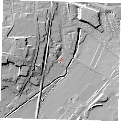 Shaded relief map of the ground around SE265FQ, computed from Environment Agency LiDAR. The ground here sits at about 24 m above sea level and falls 18 m across the surrounding 800 m. Surface water reaching this point runs off ground lying to the north-east, 17.2 m higher.