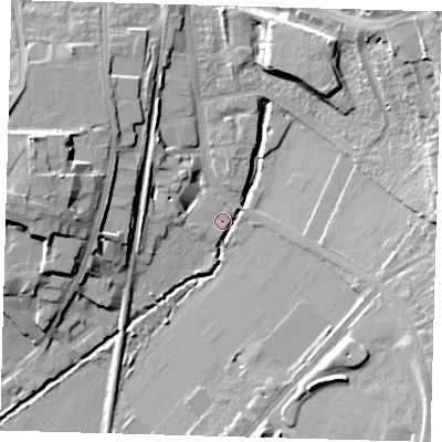 Shaded relief map of the ground around SE265FR, computed from Environment Agency LiDAR. The ground here sits at about 24 m above sea level and falls 19 m across the surrounding 800 m. Surface water reaching this point runs off ground lying to the north-east, 19.1 m higher.