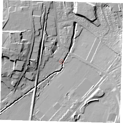 Shaded relief map of the ground around SE265FS, computed from Environment Agency LiDAR. The ground here sits at about 24 m above sea level and falls 19 m across the surrounding 800 m. Surface water reaching this point runs off ground lying to the east-north-east, 14.8 m higher.