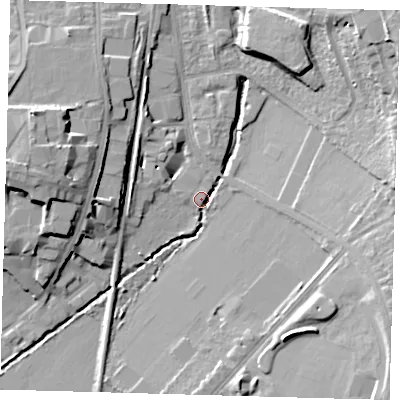 Shaded relief map of the ground around SE265FT, computed from Environment Agency LiDAR. The ground here sits at about 25 m above sea level and falls 19 m across the surrounding 800 m. Surface water reaching this point runs off ground lying to the east-north-east, 14.9 m higher.