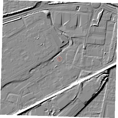 Shaded relief map of the ground around SE280AB, computed from Environment Agency LiDAR. The ground here sits at about 1 m above sea level and falls 8 m across the surrounding 800 m. Surface water reaching this point runs off ground lying to the west, 2.1 m higher.